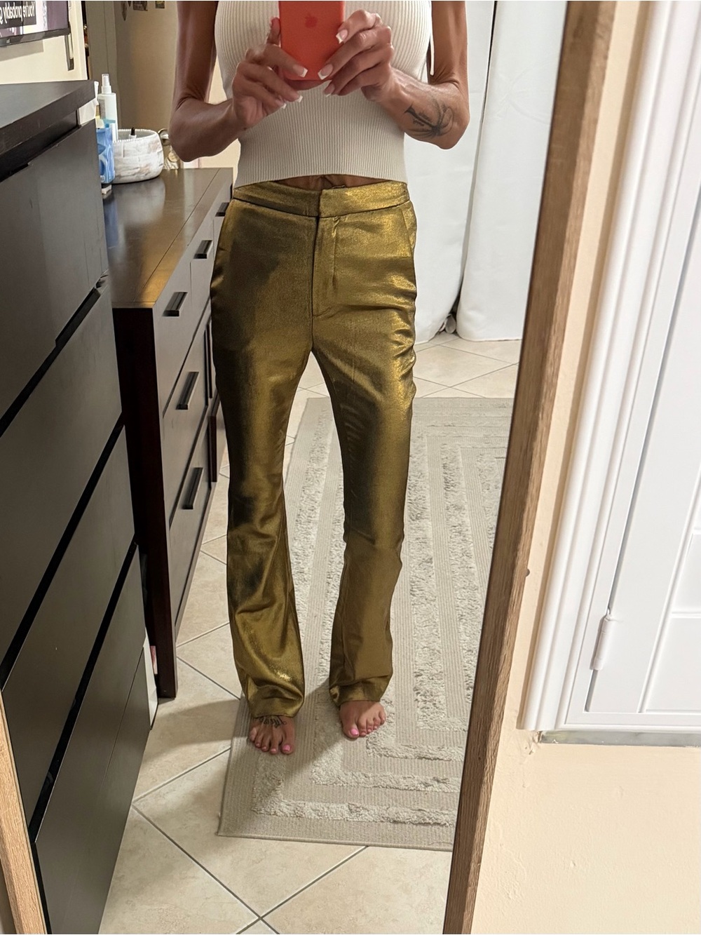 Veronica Beard Metallic Olive Green Slim Flare Pants